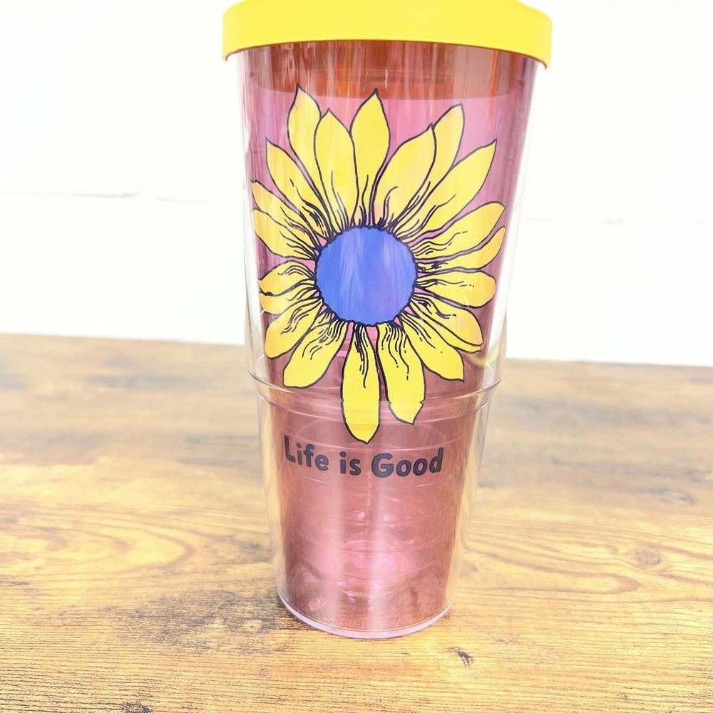 Life is Good Tervis Sunflower Tumbler Insulat Hot or Cold 24oz‎ . Pink/yellow